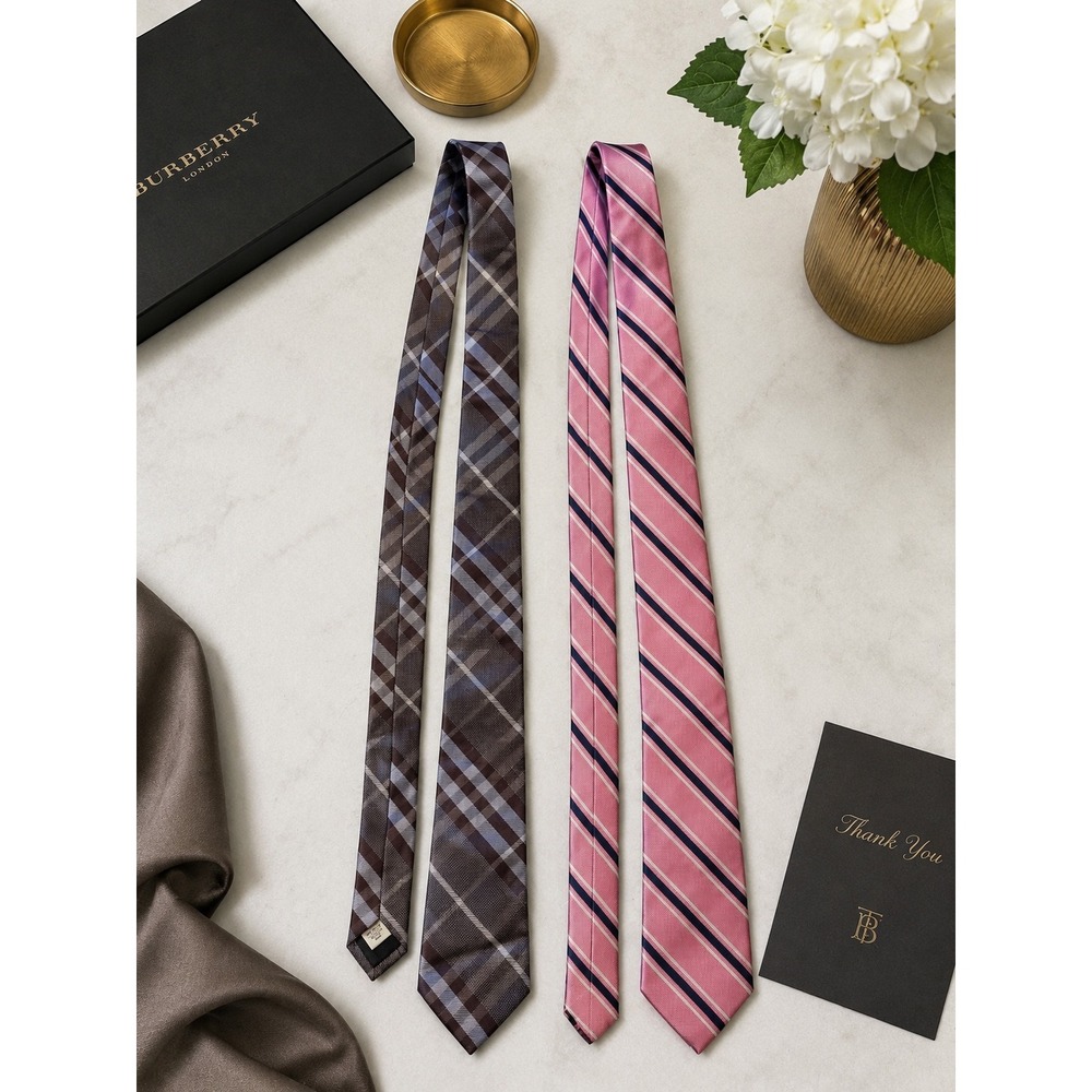 Burberry London Plaid & Bruno Piattelli Striped Silk Ties Mens Made in Italy 2pc